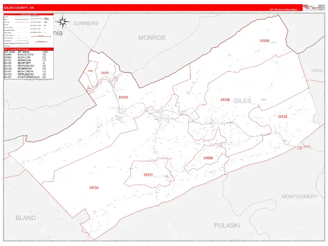 Giles County, VA ZIP Code Wall Map, RedLine style