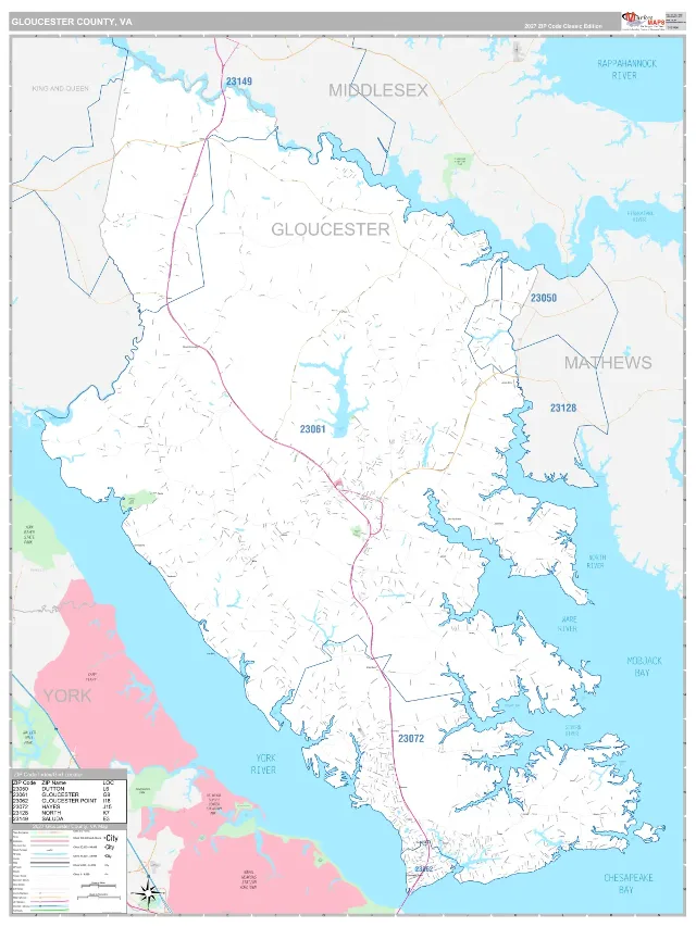 Gloucester County, VA ZIP Code Wall Map, Classic style