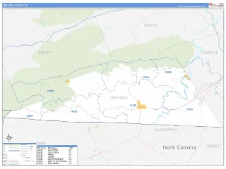 Grayson County, VA Business Reference style ZIP Code wall map
