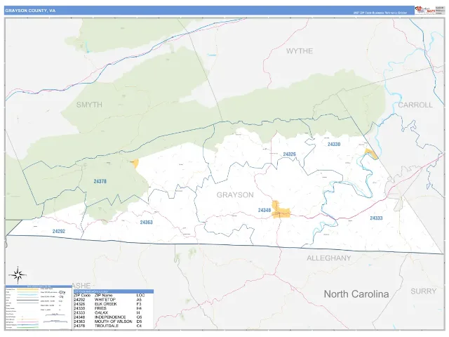 Grayson County, VA ZIP Code Wall Map, Business Reference style