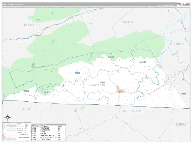 Grayson County, VA ZIP Code Wall Map, Classic style