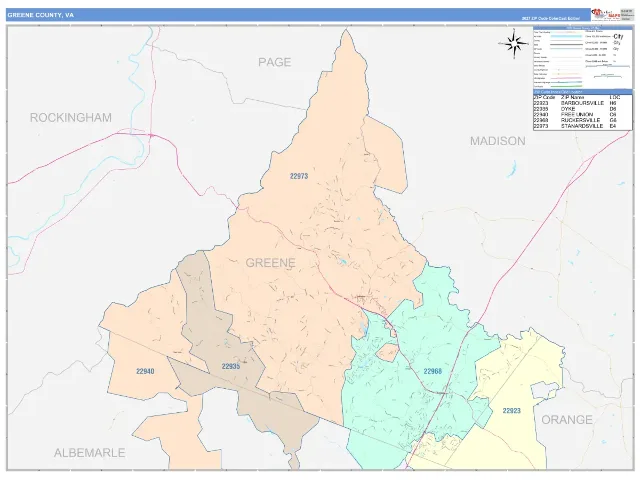 Greene County, VA ZIP Code Wall Map, ColorCast style