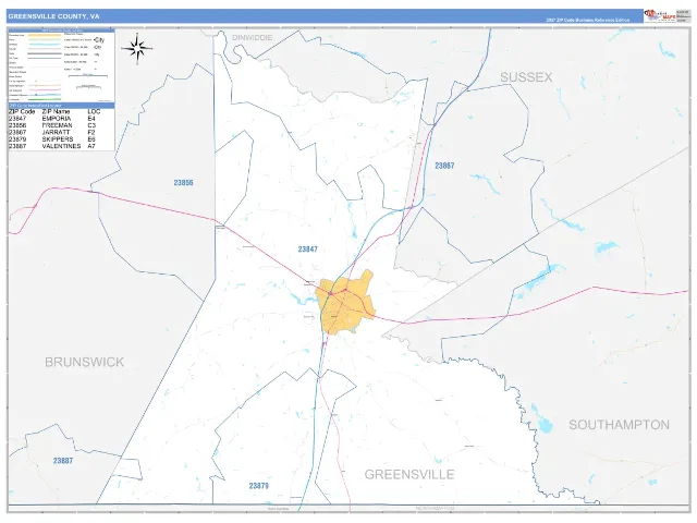 Greensville County, VA ZIP Code Wall Map, Business Reference style