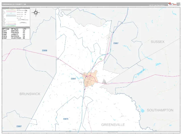 Greensville County, VA ZIP Code Wall Map, Classic style