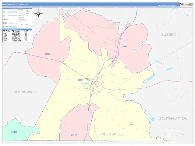 Greensville County, VA ZIP Code Wall Map, ColorCast style