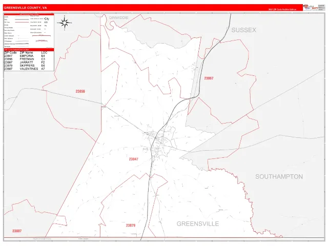 Greensville County, VA ZIP Code Wall Map, RedLine style