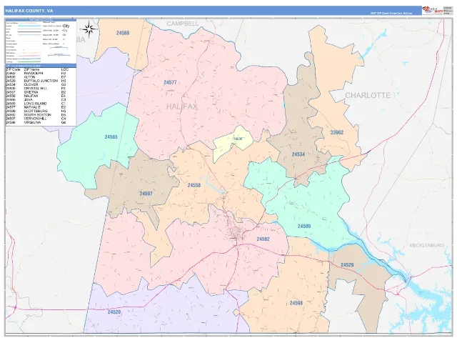 Halifax County, VA ZIP Code Wall Map, ColorCast style