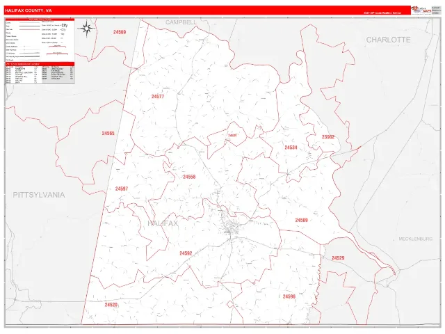 Halifax County, VA ZIP Code Wall Map, RedLine style