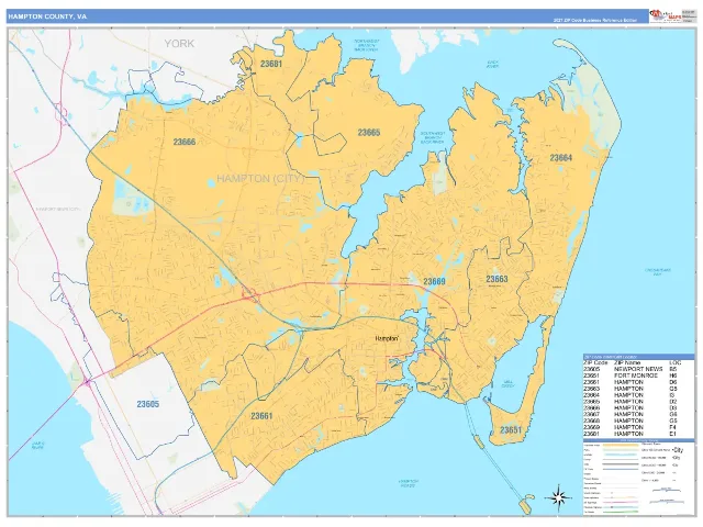 Hampton County, VA ZIP Code Wall Map, Business Reference style