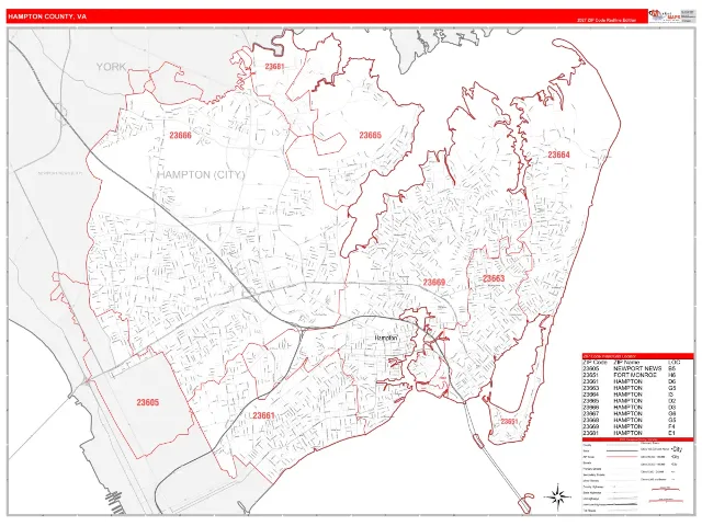 Hampton County, VA ZIP Code Wall Map, RedLine style
