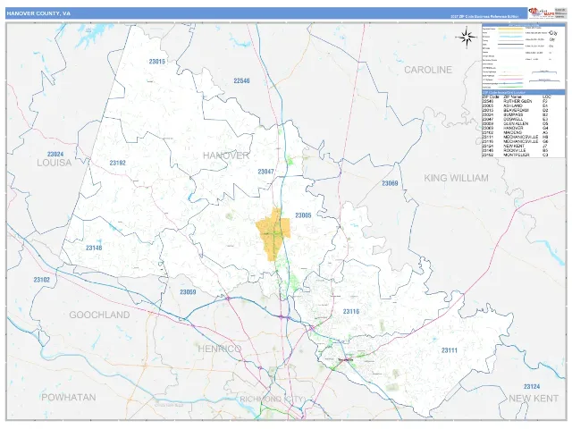 Hanover County, VA ZIP Code Wall Map, Business Reference style