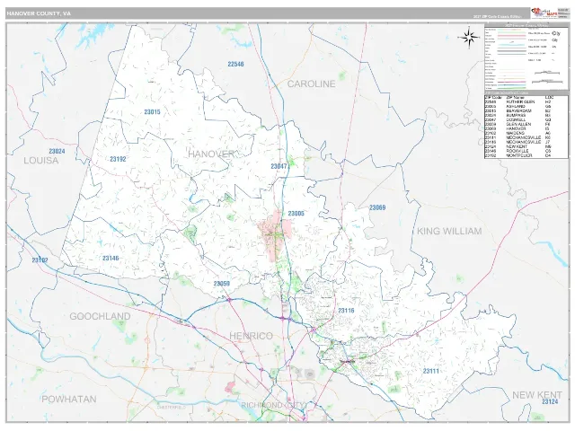 Hanover County, VA ZIP Code Wall Map, Classic style