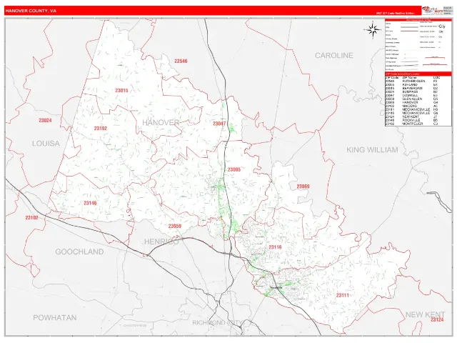 Hanover County, VA ZIP Code Wall Map, RedLine style