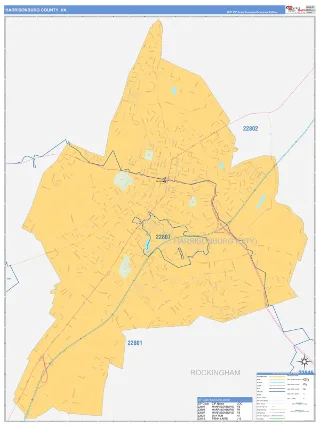Harrisonburg County, VA Business Reference style ZIP Code wall map