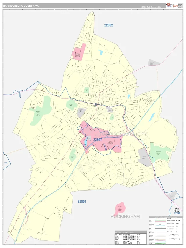 Harrisonburg County, VA ZIP Code Wall Map, Classic style