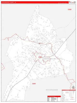 Harrisonburg County, VA RedLine style ZIP Code wall map