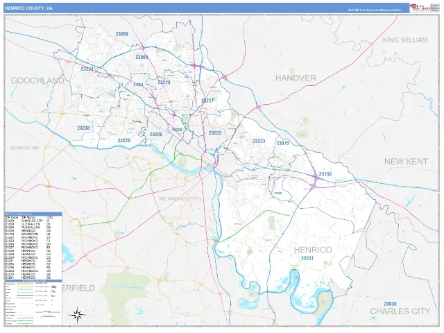 Henrico County, VA ZIP Code Wall Map, Business Reference style