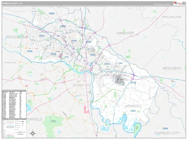Henrico County, VA ZIP Code Wall Map, Classic style