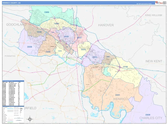Henrico County, VA ZIP Code Wall Map, ColorCast style