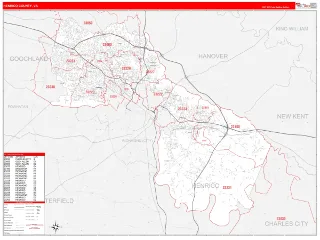 Henrico County, VA RedLine style ZIP Code wall map