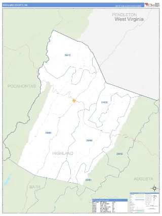 Highland County, VA Business Reference style ZIP Code wall map