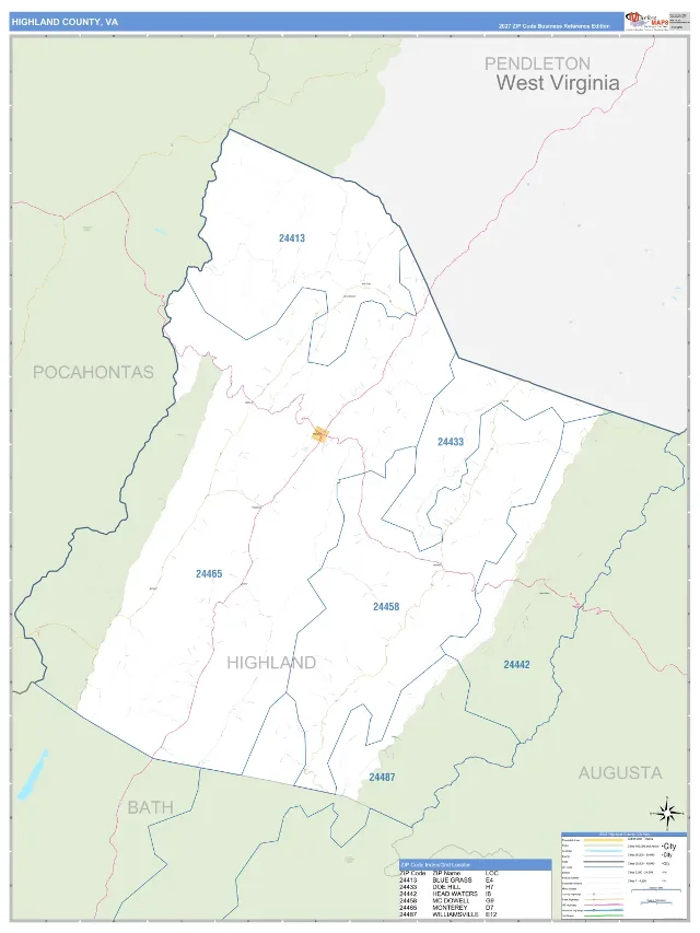 Highland County, VA ZIP Code Wall Map, Business Reference style