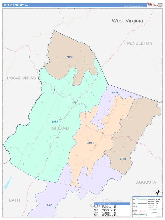 Highland County, VA ZIP Code Wall Map, ColorCast style