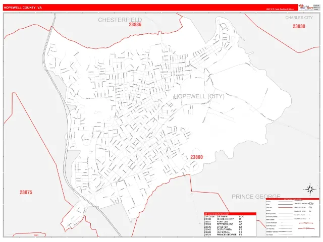 Hopewell County, VA ZIP Code Wall Map, RedLine style
