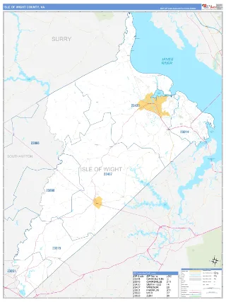 Isle of Wight County, VA Business Reference style ZIP Code wall map