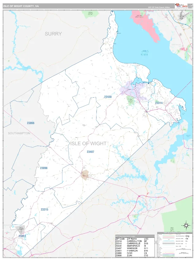 Isle of Wight County, VA ZIP Code Wall Map, Classic style