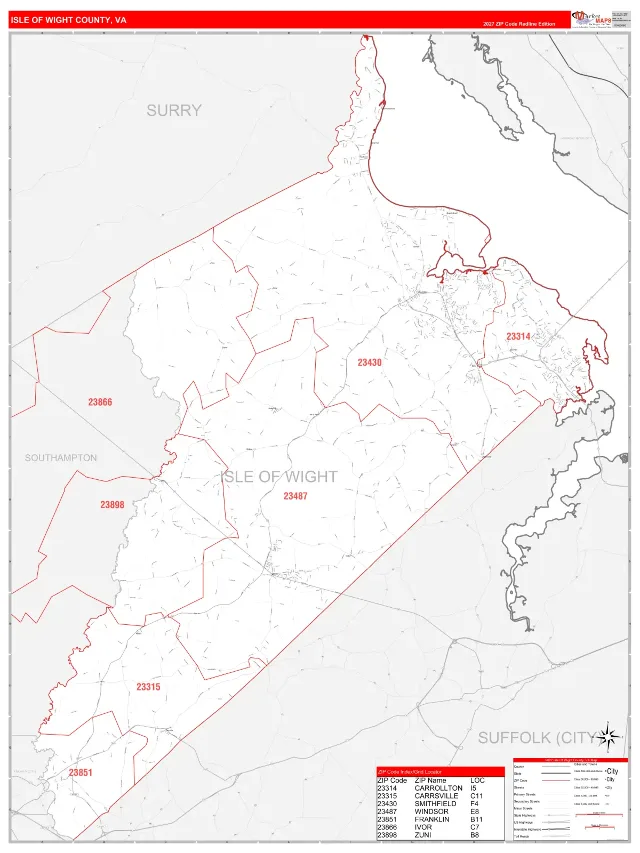Isle of Wight County, VA ZIP Code Wall Map, RedLine style