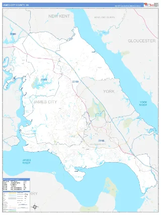 James City County, VA Business Reference style ZIP Code wall map