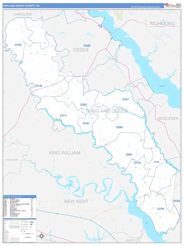 King and Queen County, VA ZIP Code Wall Map, Business Reference style