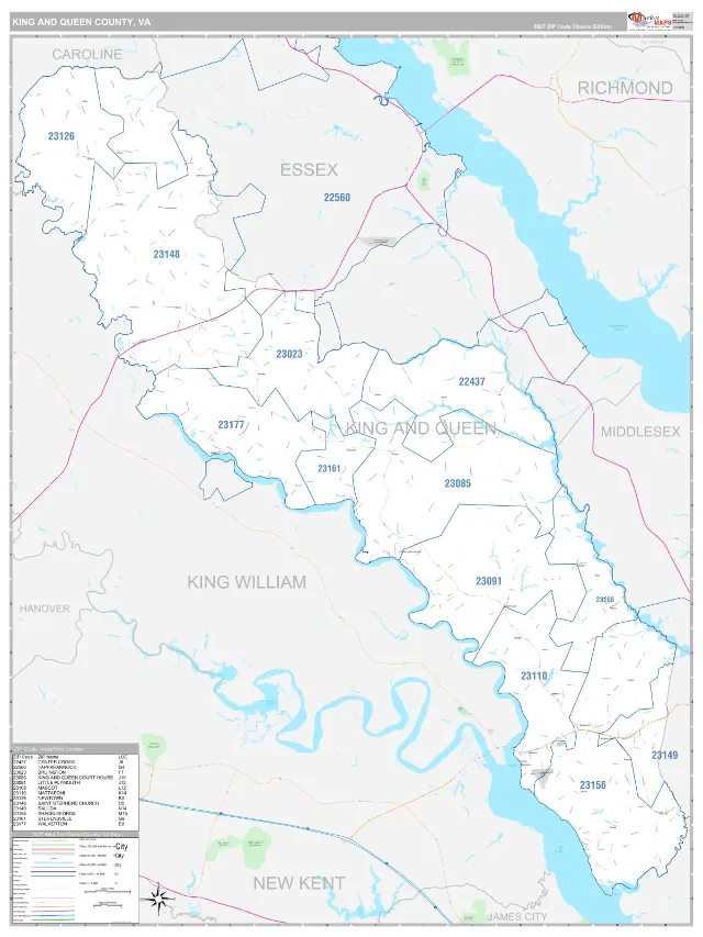 King and Queen County, VA ZIP Code Wall Map, Classic style
