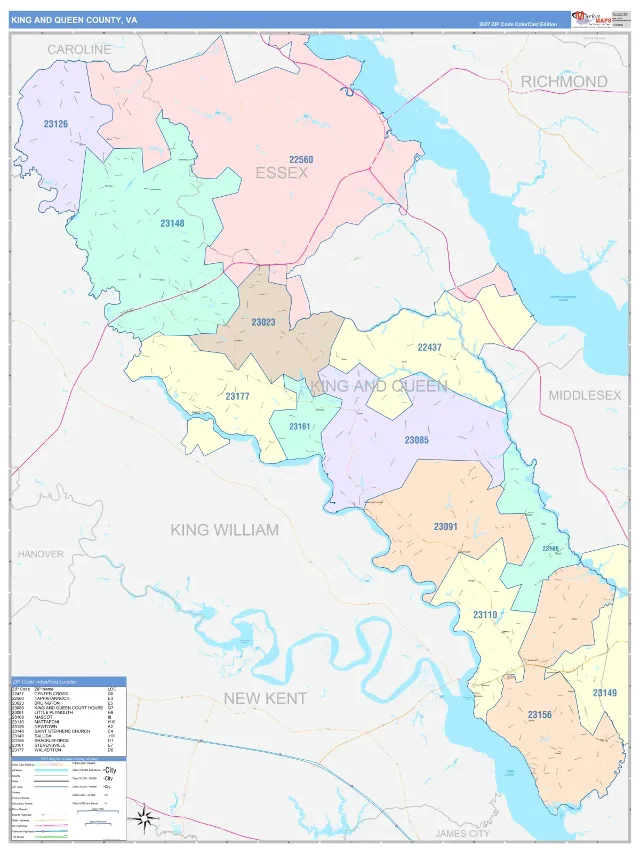 King and Queen County, VA ZIP Code Wall Map, ColorCast style