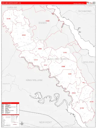 King and Queen County, VA RedLine style ZIP Code wall map