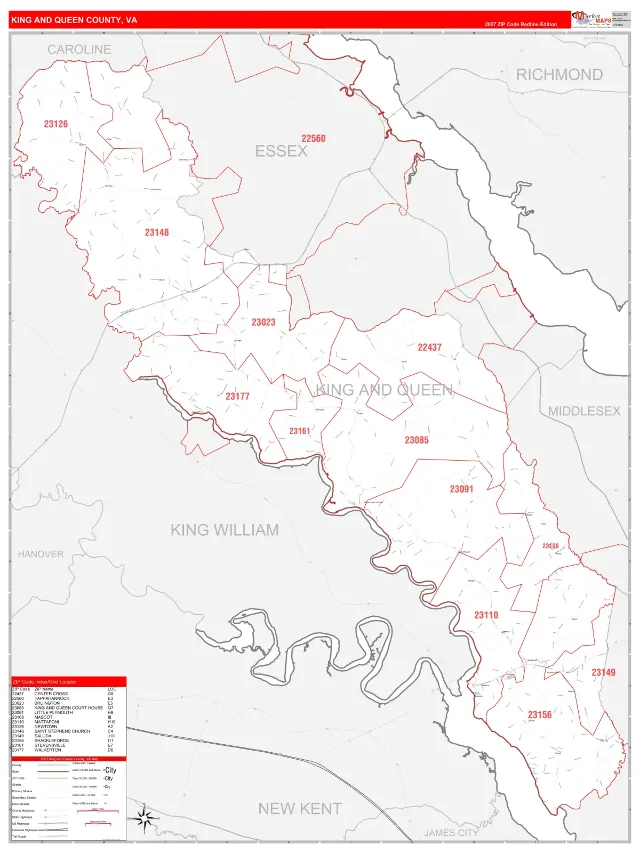 King and Queen County, VA ZIP Code Wall Map, RedLine style