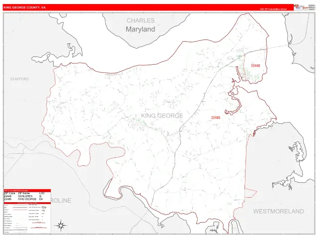 King George County, VA ZIP Code Wall Map, RedLine style
