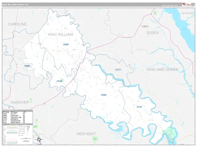 King William County, VA ZIP Code Wall Map, Classic style