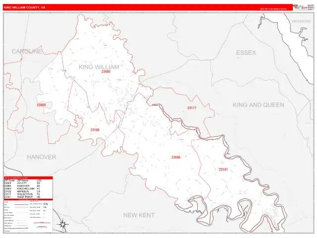 King William County, VA ZIP Code Wall Map, RedLine style