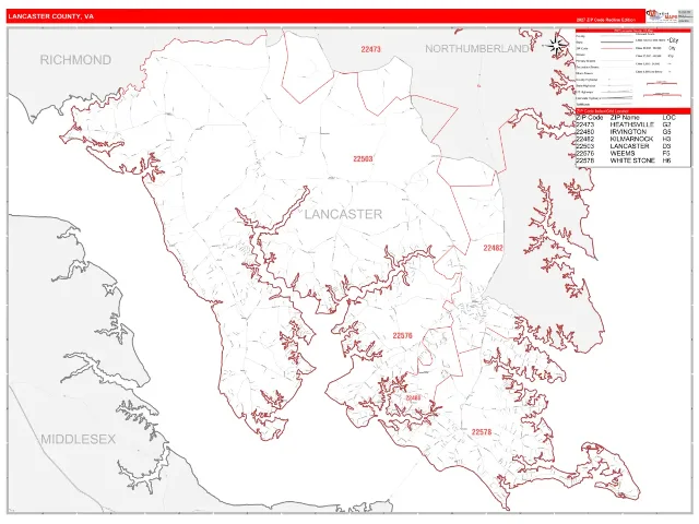 Lancaster County, VA ZIP Code Wall Map, RedLine style