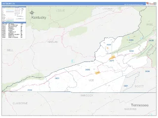 Lee County, VA Business Reference style ZIP Code wall map
