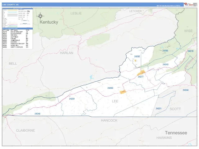 Lee County, VA ZIP Code Wall Map, Business Reference style