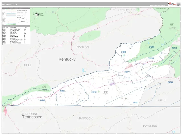 Lee County, VA ZIP Code Wall Map, Classic style