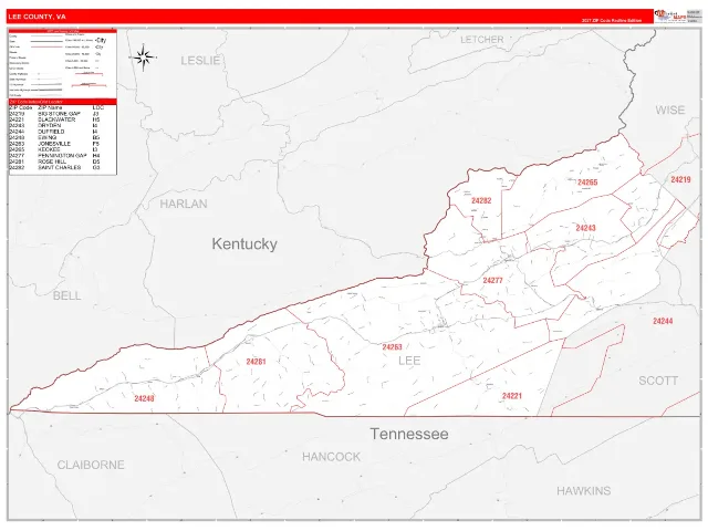 Lee County, VA ZIP Code Wall Map, RedLine style