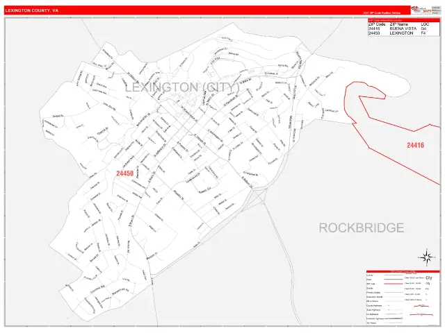 Lexington County, VA ZIP Code Wall Map, RedLine style