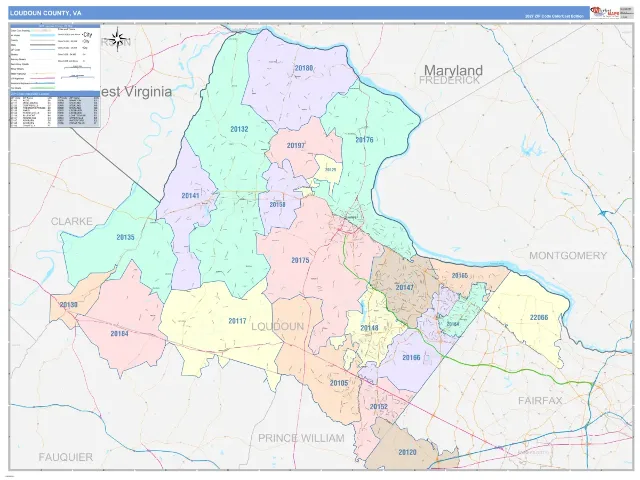 Loudoun County, VA ZIP Code Wall Map, ColorCast style