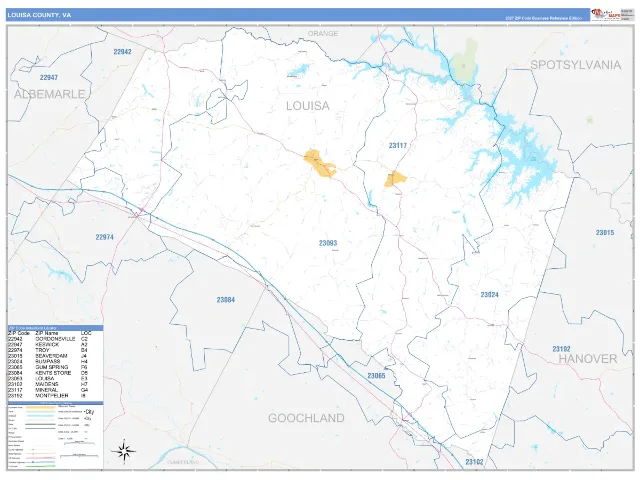 Louisa County, VA ZIP Code Wall Map, Business Reference style