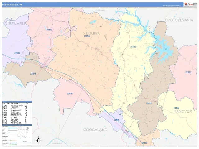 Louisa County, VA ZIP Code Wall Map, ColorCast style