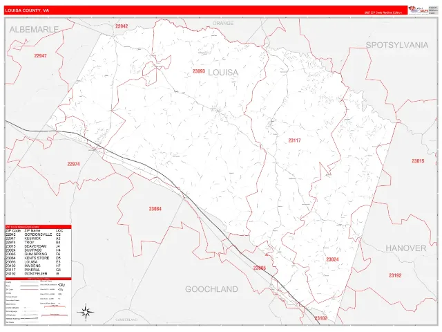 Louisa County, VA ZIP Code Wall Map, RedLine style